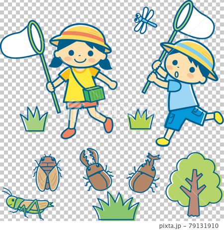 捕捉昆蟲的孩子的插圖_line Yes Navy 79131910