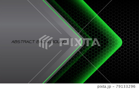 Abstract green light arrow glossy direction on dark hexagon mesh pattern with grey metallic blank space design modern futuristic background vector illustration. Abstract green light arrow glossy direction on dark hexagon mesh pattern with grey metallic blank space design modern futuristic background vector illustration. 79133296