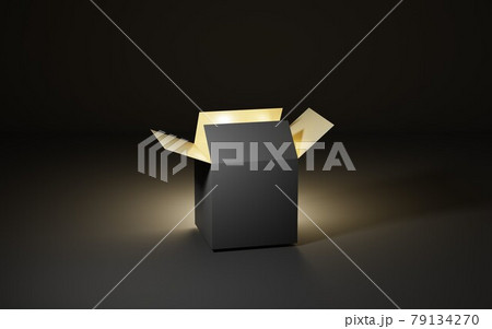 Gift box with gold light on dark background, magic container opens, surprise idea, prize drawing, holiday secret christmas or birthday present, packaging mockup, black friday sale, 3d illustration 79134270