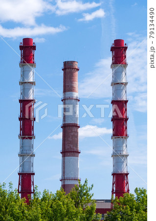 No smoke from industrial pipes close up. against the blue sky. Vertical photo 79134490