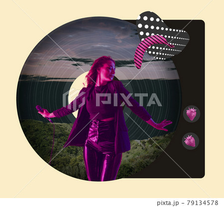 Contemporary art collage. Inspiration, idea, trendy urban magazine style. Young female singer isolated over black vinyl plate background. Music, dance party concept 79134578