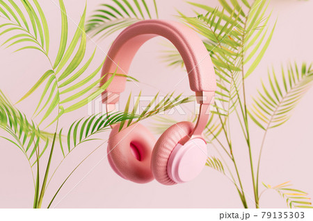 Pink headphones with plants 3D illustration Pink headphones with plants 3D illustration 79135303
