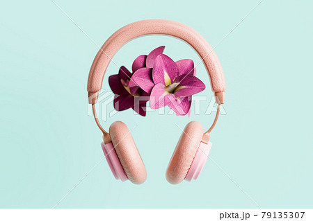 Pink headphones with flowers 3D illustration 79135307