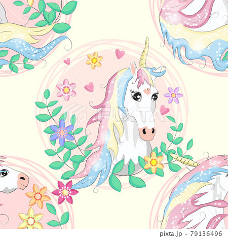 Doodle unicorn pattern for textile design. Animal cartoon. Ditsy print. Trendy seamless pattern. Fabric pattern. Doodle unicorn pattern for textile design. Animal cartoon. Ditsy print. Trendy seamless pattern. Fabric pattern. 79136496