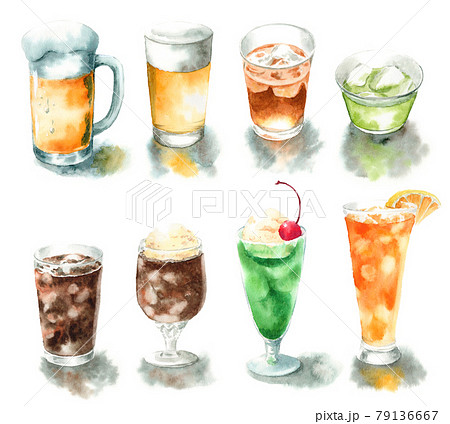 アナログ水彩いろいろな夏の冷たい飲み物のイラスト素材
