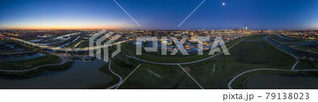 Panoramic aerial drone picture of Dallas skyline and Trammel Crow Park at sunset in winter Panoramic aerial drone picture of Dallas skyline and Trammel Crow Park at sunset in winter 79138023