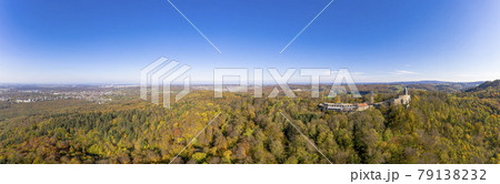 Drone photo of Frankenstein Castle near Darmstadt in Germany with a view over the Rhine-Main area Drone photo of Frankenstein Castle near Darmstadt in Germany with a view over the Rhine-Main area 79138232