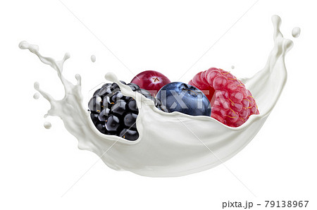 Forest berries with milk splash isolated on white background 79138967