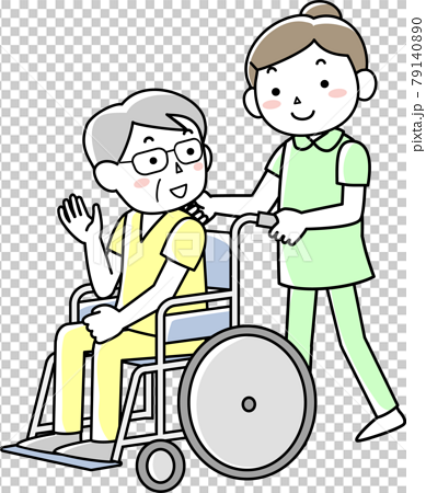 車いすを押す女性看護師と患者のシニア男性のイラスト素材
