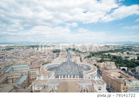 Saint Peter's Square, the large plaza in front of St. Peter's Basilica in Vatican City with the aerial view of Rome, Italy. 79141722