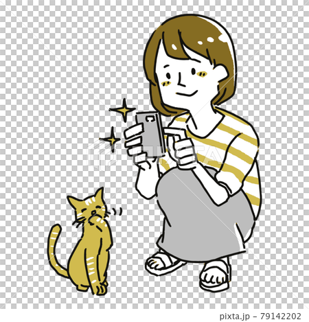 スマホのカメラで猫の写真を撮る女性のイラスト素材