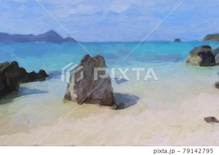 青空と青い海と岩のある砂浜海岸のイラスト素材