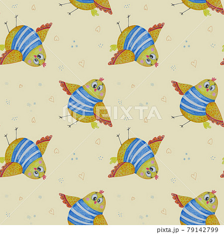 Seamless pattern. Funny yellow bird sailor in a striped vest on a light yellow background. Watercolor. Illustration for design, decor, textiles, wallpaper, packaging, childrens collection Seamless pattern. Funny yellow bird sailor in a striped vest on a light yellow background. Watercolor. Illustration for design, decor, textiles, wallpaper, packaging, childrens collection 79142799