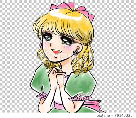 70's Shojo Manga Blonde Vertical Roll A young lady in a cute dress flutters enchantedly 79143323