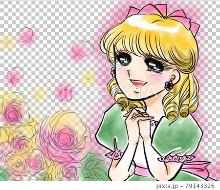 70's Shojo Manga Blonde Vertical Roll A young lady in a cute dress flutters enchantedly 79143326
