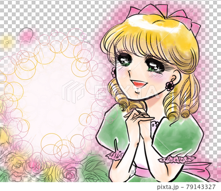70's Shojo Manga Blonde Vertical Roll A young lady in a cute dress flutters enchantedly 79143327