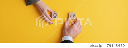 Male and female hand holding wooden blocks with male and female symbols 79143420