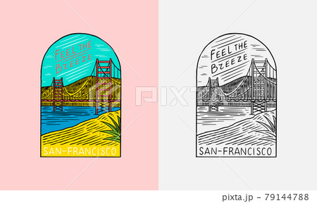San Francisco landscape emblem. Summer Surf logo. Red bridge and blue sky. Vintage Engraved emblem San Francisco landscape emblem. Summer Surf logo. Red bridge and blue sky. Vintage Engraved emblem 79144788