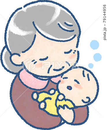 すやすやと眠る赤ちゃんを抱くおばあちゃんのイラスト フルカラー のイラスト素材