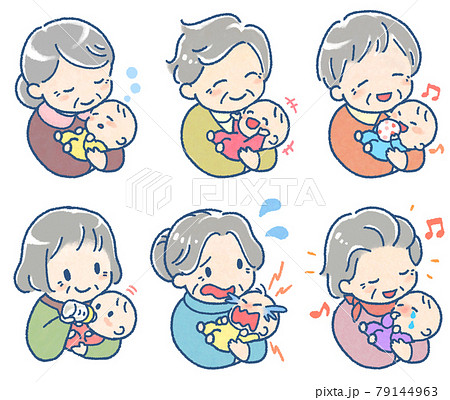 赤ちゃんを抱いているおばあちゃんのイラストセット（フルカラー） 79144963