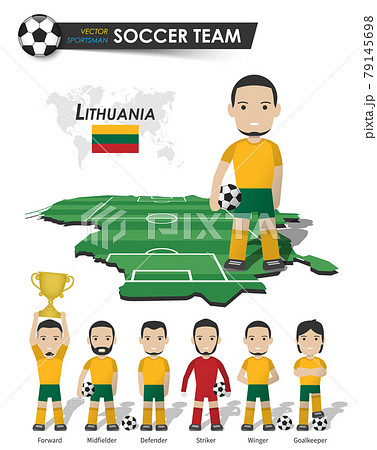 Lithuania national soccer cup team . Football player with sports jersey stand on perspective field country map and world map . Set of footballer positions . Cartoon character flat design . Vector . 79145698