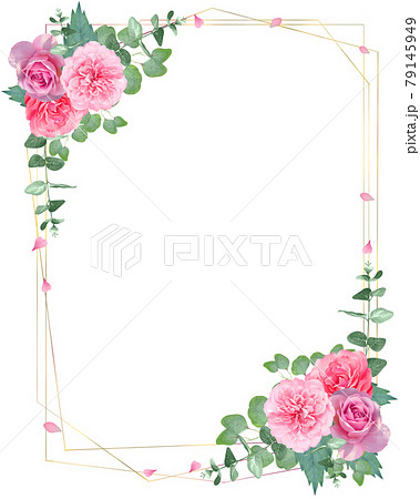 ベクター素材の美しく可憐な薔薇の花と植物の白バックゴールドフレームイラスト素材のイラスト素材