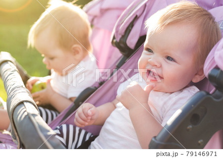 Happy twins in a baby carriage in nature on a sunny day Happy twins in a baby carriage in nature on a sunny day 79146971
