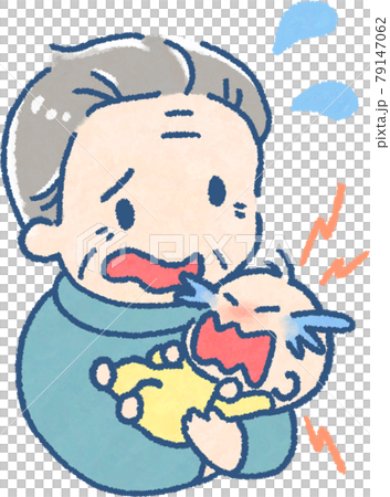 Illustration of a grandpa who is confused by the baby he holds (full color) Illustration of a grandpa who is confused by the baby he holds (full color) 79147062