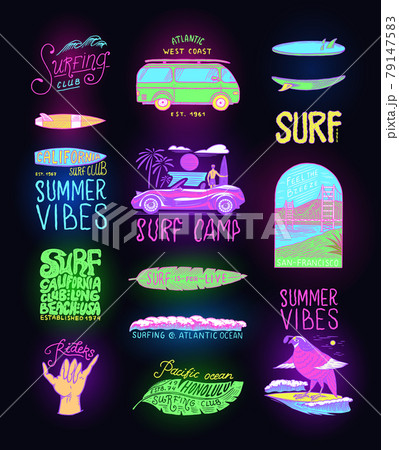Summer Surf signs. Fashion neon Surfer banner. Retro Wave and palm. California card. Vintage Man on Summer Surf signs. Fashion neon Surfer banner. Retro Wave and palm. California card. Vintage Man on 79147583