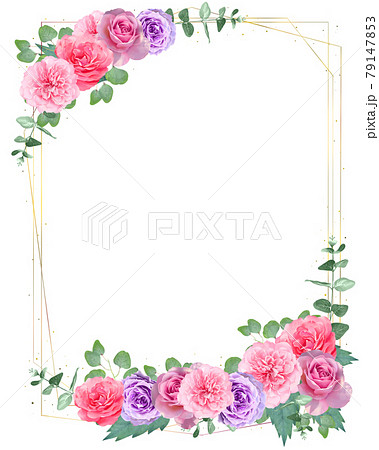 可憐で高級感のある薔薇の花と植物の美しい白バックベクターゴールドフレームイラストベクター素材 79147853