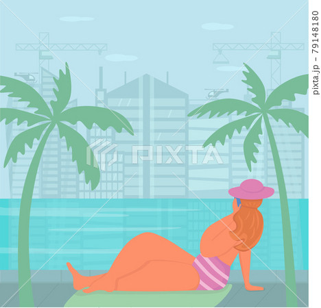 Body positive woman near swimming pool on skyscraper urban city landscape background. Summer vacation concept for city resort hotel. Vector stock illustration. EPS 10 Body positive woman near swimming pool on skyscraper urban city landscape background. Summer vacation concept for city resort hotel. Vector stock illustration. EPS 10 79148180