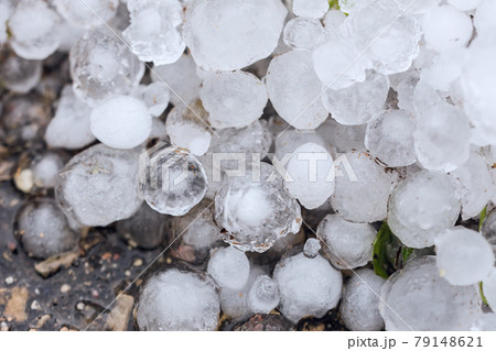 A pile of large hail on the ground 79148621