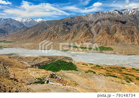 Aerial view of Spiti valley and Key gompa in Himalayas Aerial view of Spiti valley and Key gompa in Himalayas 79148734
