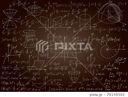 Mathematical formulas drawn by hand on a brown chalkboard for the background. Vector illustration. 79149502