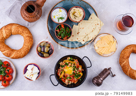 Traditional Turkish breakfast with meze and simit Traditional Turkish breakfast with meze and simit 79149983