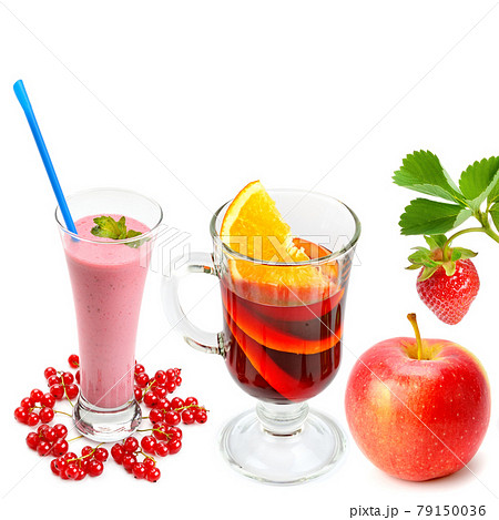 drinks from currant, orange, apple and strawberry isolated on a white background. Collage. 79150036