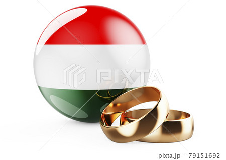 Weddings in Hungary concept. Wedding rings with Hungarian flag. 3D rendering 79151692