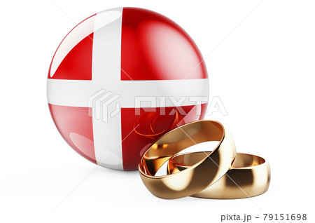 Weddings in Denmark concept. Wedding rings with Danish flag. 3D rendering Weddings in Denmark concept. Wedding rings with Danish flag. 3D rendering 79151698