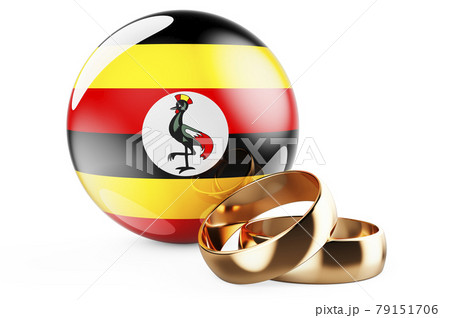 Weddings in Uganda concept. Wedding rings with Ugandan flag. 3D rendering Weddings in Uganda concept. Wedding rings with Ugandan flag. 3D rendering 79151706
