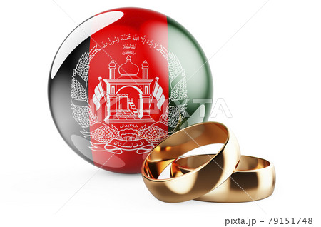 Weddings in Afghanistan concept. Wedding rings with Afghan flag. 3D rendering 79151748