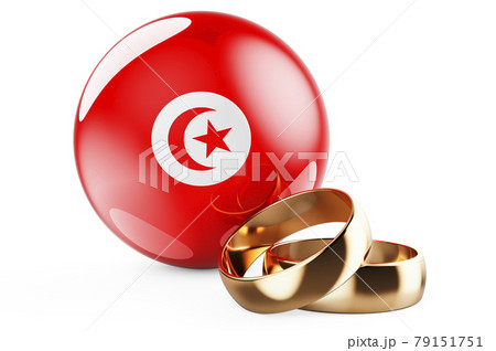 Weddings in Tunisia concept. Wedding rings with Tunisian flag. 3D rendering 79151751