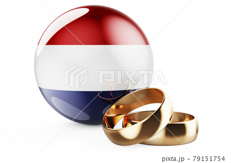 Weddings in the Netherlands concept. Wedding rings with The Netherlands flag. 3D rendering 79151754