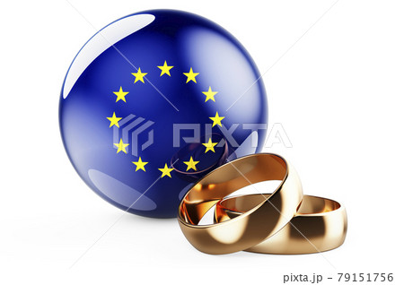 Weddings in the European Union concept. Wedding rings with The EU flag. 3D rendering 79151756