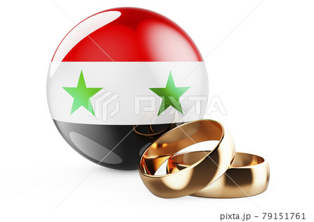 Weddings in Syria concept. Wedding rings with Syrian flag. 3D rendering Weddings in Syria concept. Wedding rings with Syrian flag. 3D rendering 79151761