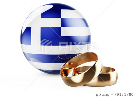 Weddings in Greece concept. Wedding rings with Greek flag. 3D rendering 79151780