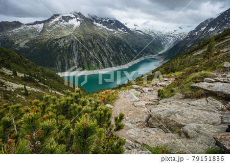 Schlegeis Stausee lake view from mountain hiking path trail. Zillertal, Austria, Europe Schlegeis Stausee lake view from mountain hiking path trail. Zillertal, Austria, Europe 79151836
