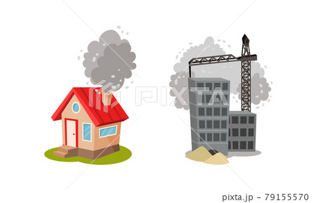 Air Pollution Sources with Industrial Radioactive Waste Vector Scene Set Air Pollution Sources with Industrial Radioactive Waste Vector Scene Set 79155570