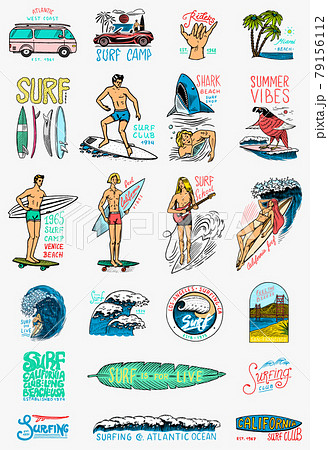 Surf Badges Vintage Surfer Logo Retro Wave のイラスト素材