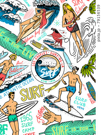Surf poster. Vintage Surfer banner. Retro Wave and palm. Summer California card. Man on the 79156539