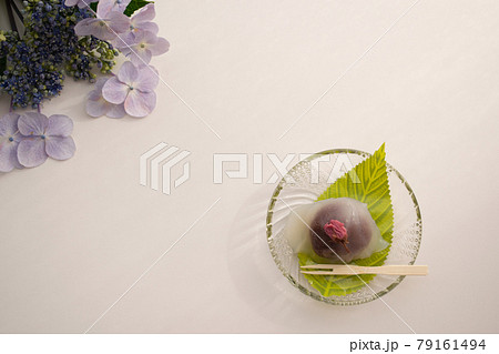 白い背景に涼しげな葛桜と紫陽花 白い背景に涼しげな葛桜と紫陽花 79161494